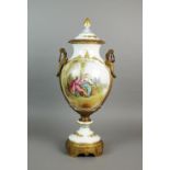 A large Sevres style porcelain and gilt metal mounted two handled vase and cover painted with