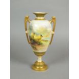 A Royal Worcester two handled vase painted by Harry Davies, date code for 1911, of ovoid form,
