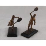 A pair of cast bronze male and female tennis players in 1930s dress,