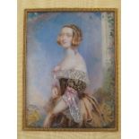 A three quarter length watercolour portrait of a lady in 19th.