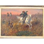 An early 20th. century Russian oil on panel of a huntsman lassoing a wolf. Unsigned. 30x20cm.