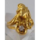 A French hallmarked 18 carat gold old brilliant cut diamond Art Nouveau ring, head approx 22mm long,