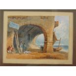 A miniature watercolour of an Italian fishing scene. Miniature 8x5.5cm. frame 17x12cm.