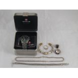 A mixed lot of white metal (tests silver) comprising a necklace chain, an Albert watch chain,