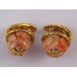 A pair of yellow metal coral earrings, unascribed 583 mark,