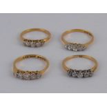 A mixed lot comprising four yellow metal (tests 18 carat gold) five stone old brilliant cut diamond