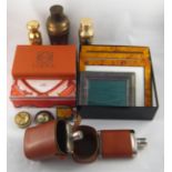 A mixed lot, comprising a pair of leather cased plated hip flasks in leather case,