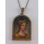 A rose cut diamond set gold pendant containing an enamelled portrait miniature, pendant approx 3.