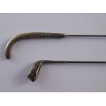 Two silver hatpins with sporting symbols, one a golf club by Sampson Morden & Co.