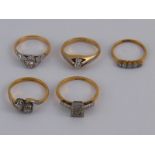 A mixed lot comprising five diamond rings, all marked 18ct plat, sizes J -O, circa 1910-1930,