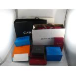 A quantity of designer packaging bags to include Cartier, Bulgari, Tiffany, Hermes and Chanel.