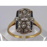 A French hallmarked 18 carat gold and platinum sapphire and diamond Art Deco ring, size S, 3.5 gms.