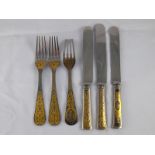Three pairs of Swedish gilt-inlaid steel table knives and table forks, 19th century,
