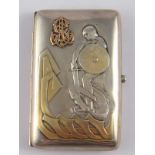 A parcel-gilt silver cigarette case with applied gold monogram, stamped 833 M.
