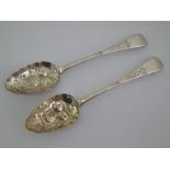 A pair of Georgian silver table spoons, later "berried", William Chawner, London, 1829. Wt. 132gm.