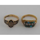 A mixed lot comprising an antique 15 carat gold enamel, seed pearl and diamond mourning ring,