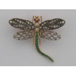 A fine early 20th century diamond, emerald and ruby dragonfly brooch,