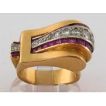 A French Art Deco 18 carat gold, platinum, diamond and ruby dress ring, designed as a stylised