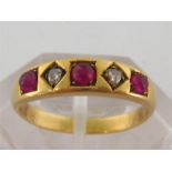 A ruby and diamond five stone ring, alternately set with cabochon rubies and rose cuts, the yellow