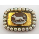 A Georgian gold, split pearl and shell cameo mourning brooch, the small curved rectangular brooch