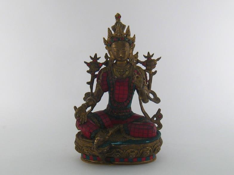 A cast figure of Buddha seated, the left hand raised in blessing, clad in a suit of red and