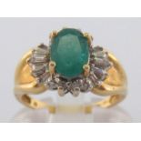 An emerald and diamond dress ring, the oval cut stone 8 x 5.7mm, in an undulating surround of