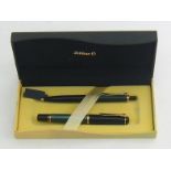 Pelikan, a green striped marble and black resin pencil and ballpoint pen set, in a Pelikan box