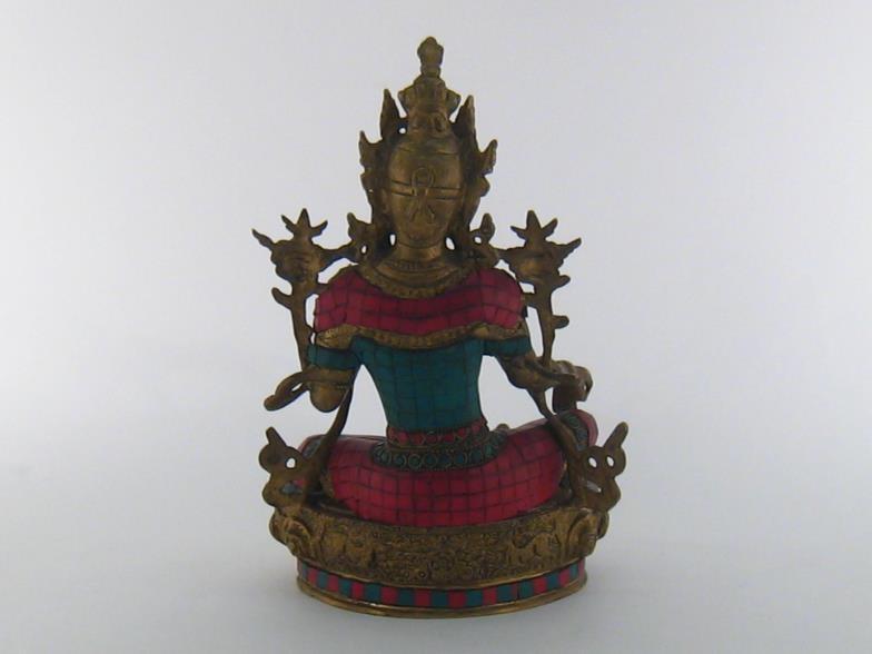 A cast figure of Buddha seated, the left hand raised in blessing, clad in a suit of red and - Image 3 of 4