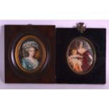 AN EARLY 20TH CENTURY EUROPEAN PAINTED IVORY MINIATURE together with another similar. (2)