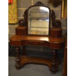 A VICTORIAN CARVED WALNUT DRESSING TABLE with mirror and carved floral backing. 4Ft wide.