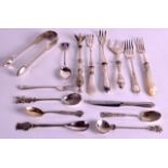 A LARGE PAIR OF GEORGE III SILVER SUGAR TONGS together with various silver spoons, and other