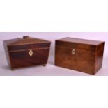 A MID 19TH CENTURY WALNUT RECTANGULAR TEA CADDY together with another crossbanded tea caddy. 7.