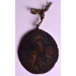 AN 18TH CENTURY RUSSIAN IRON DOUBLE SIDED ICON depicting saints. 3.25ins x 4ins.