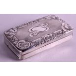 A 19TH CENTURY FRENCH SILVER SNUFF BOX with engraved floral cartouche. 36 grams. 2.25ins wide.