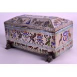 A GOOD 19TH CENTURY EGYPTIAN REVIVAL ENAMELLED CASKET supported on four animal feet, inlaid with