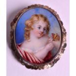 A 19TH CENTURY EUROPEAN IVORY MINIATURE depicting a young girl holding a butterfly. 2Ins x 2.5ins.