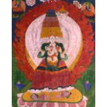 A GOOD 18TH/19TH CENTURY MONGOLIAN OR HIMALAYAN THANGKA depicting Ushnisha Sitatapatra, pigment on