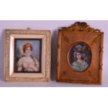 A 19TH CENTURY EUROPEAN PAINTED IVORY MINIATURE within a fine ivory frame, together with another