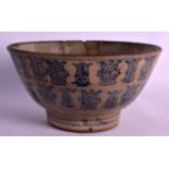 A CHINESE MING BLUE AND WHITE CRACKLE GLAZED BOWL bearing central character marks, painted with shou