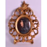 A MID 19TH CENTURY ITALIAN IVORY MINIATURE contained within a florentine frame. 2.5ins x 3.25ins.