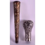 A VICTORIAN SILVER WALKING CANE HANDLE together with an Indian white metal cane handle. 4.25ins &