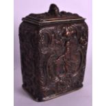 AN UNUSUAL 19TH CENTURY EUROPEAN COPPER PLATED TEA CADDY decorated with Japanese scenes. 6.5ins