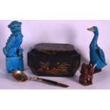 AN EARLY 20TH CENTURY CHINESE BLUE GLAZED FIGURE OF A DUCK together with a doe of foe, black lacquer