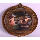 A LATE 19TH CENTURY FRENCH IVORY MINIATURE painted with figures looking into a lake. 3.5ins x 2.