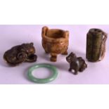 A SMALL CHINESE CARVED HARDSTONE CENSER 20th Century, together with a toggle, jadeite bangle etc. (