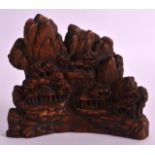 A GOOD 19TH CENTURY CHINESE CARVED CHENXIANG WOOD MOUNTAIN GROUP modelled with buildings beside