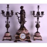 A 19TH CENTURY FRENCH BRONZE AND MARBLE CLOCK GARNITURE the dial signed Charbonnier, painted with