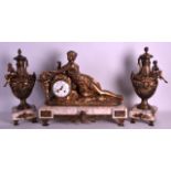 A 19TH CENTURY FRENCH GILT METAL CLOCK GARNITURE modelled as a reclining female and putti upon a