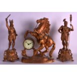 A LATE 19TH CENTURY FRENCH SPELTER MARLEY HORSE CLOCK GARNITURE. Mantel 1ft 4ins high.