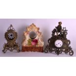 A LATE 19TH CENTURY FRENCH GILT METAL MANTEL CLOCK together with two open faced clocks. (3)